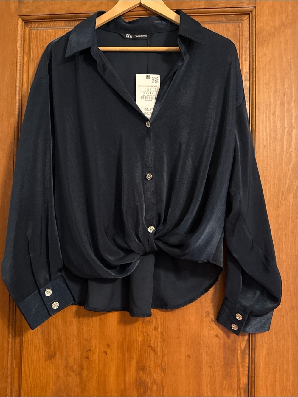 Zara Navy Satin Twist Knot Button-Front Blouse